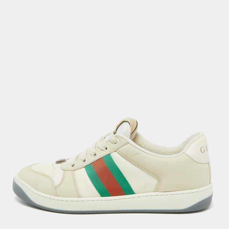 Pre Owned Gucci Beige Leather and Fabric Screener Low Top Sneakers Size 39