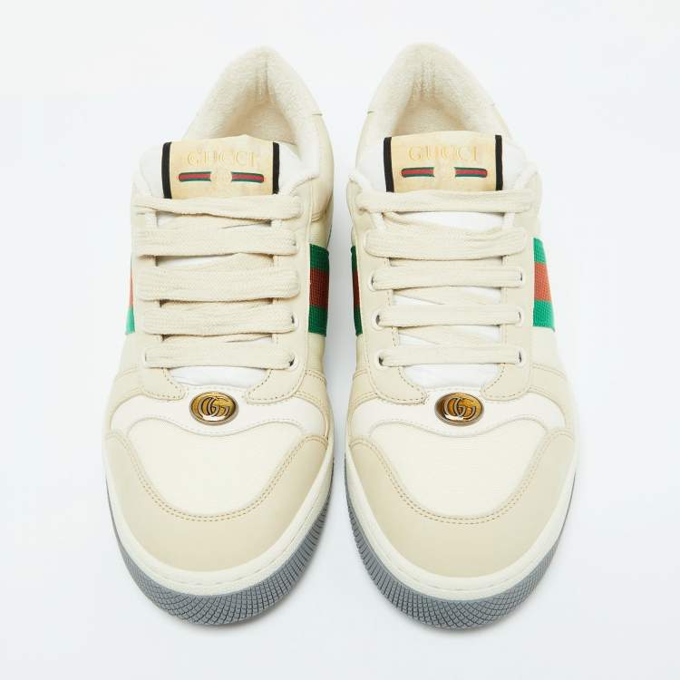 Pre Owned Gucci Beige Leather and Fabric Screener Low Top Sneakers Size 39