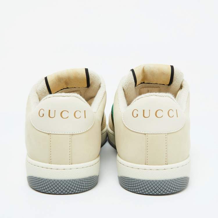 Pre Owned Gucci Beige Leather and Fabric Screener Low Top Sneakers Size 39