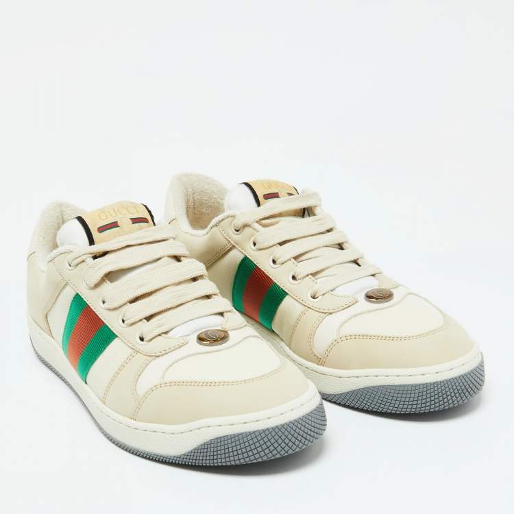 Pre Owned Gucci Beige Leather and Fabric Screener Low Top Sneakers Size 39