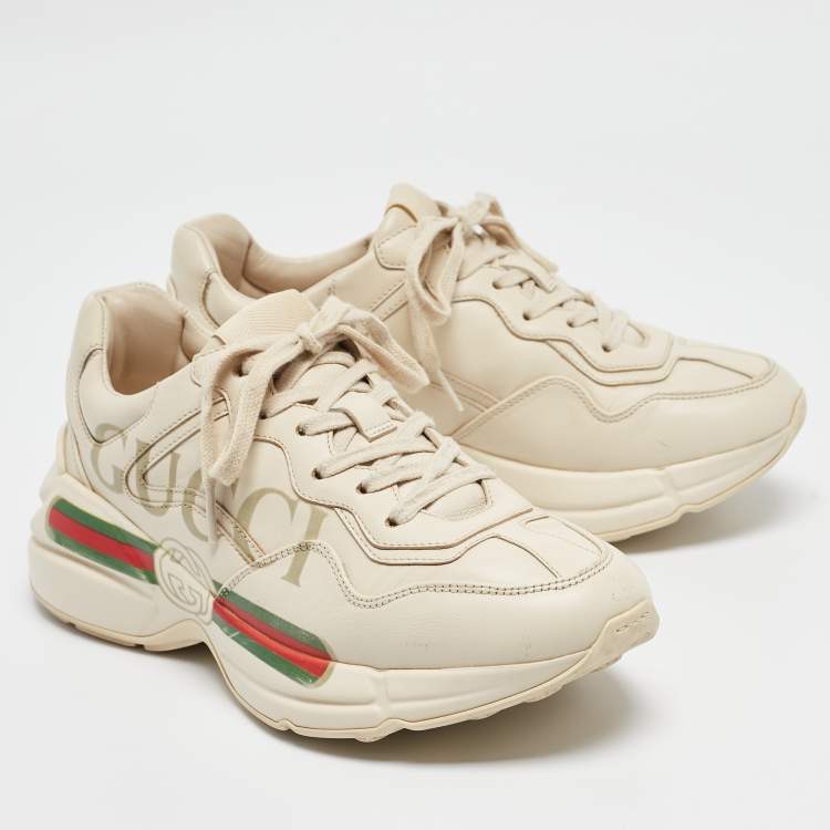 Pre Owned Gucci Cream Leather Rhyton Lace Up Sneakers Size 37.5