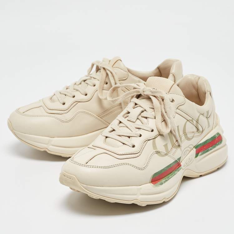 Pre Owned Gucci Cream Leather Rhyton Lace Up Sneakers Size 37.5