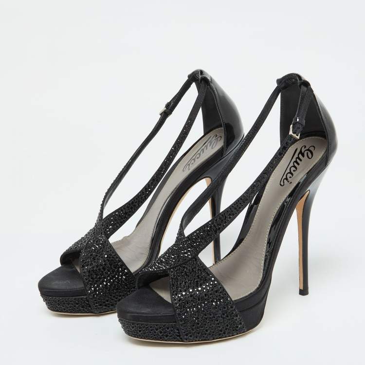 Pre Owned Gucci Black Satin and Patent Leather Crystal Embellished Platform Sandals Size 39