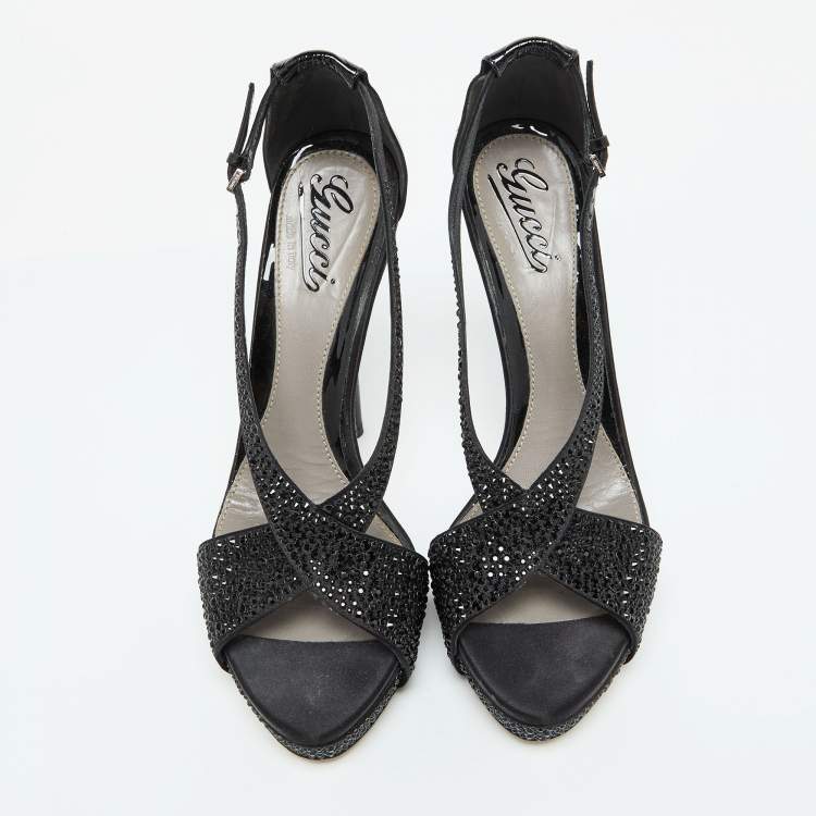 Pre Owned Gucci Black Satin and Patent Leather Crystal Embellished Platform Sandals Size 39