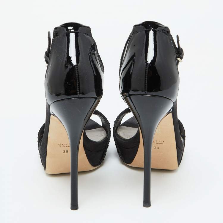 Pre Owned Gucci Black Satin and Patent Leather Crystal Embellished Platform Sandals Size 39