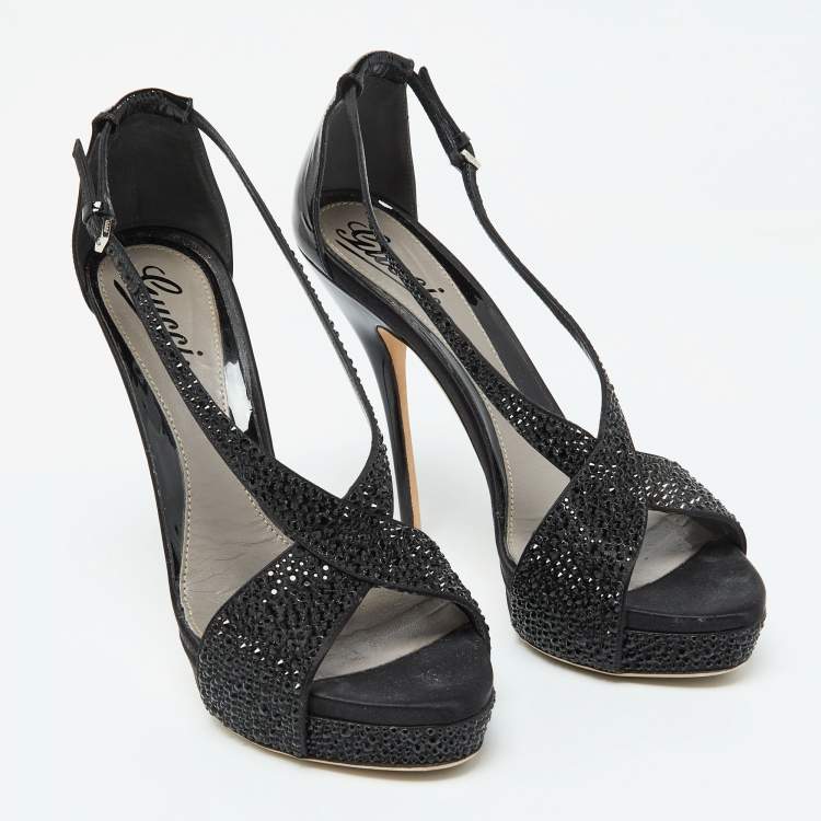 Pre Owned Gucci Black Satin and Patent Leather Crystal Embellished Platform Sandals Size 39