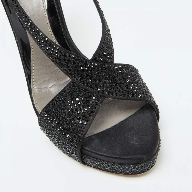 Pre Owned Gucci Black Satin and Patent Leather Crystal Embellished Platform Sandals Size 39