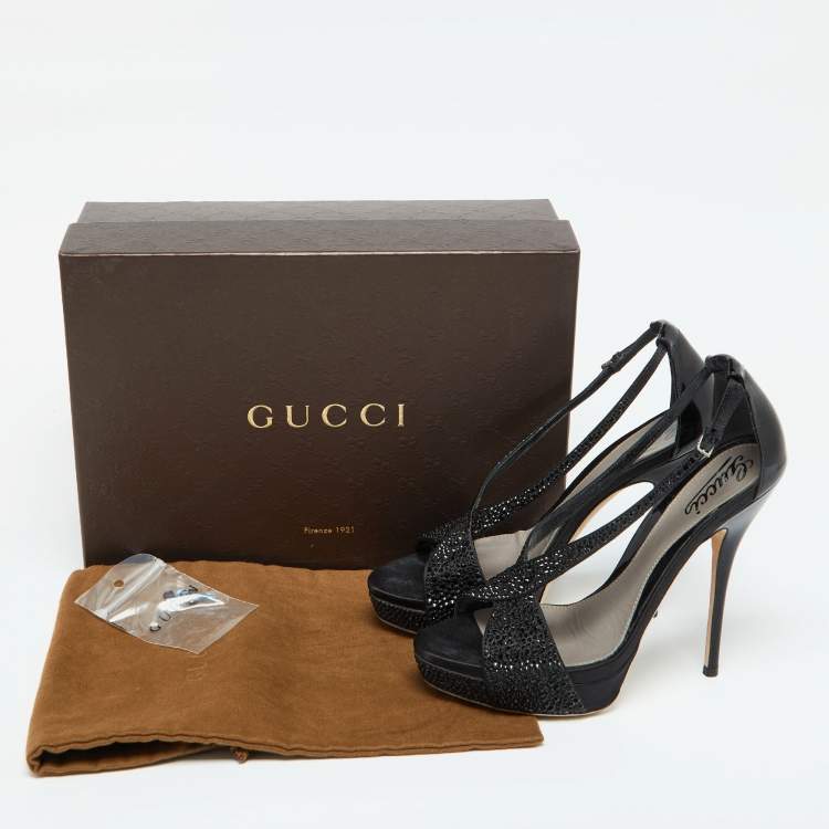 Pre Owned Gucci Black Satin and Patent Leather Crystal Embellished Platform Sandals Size 39