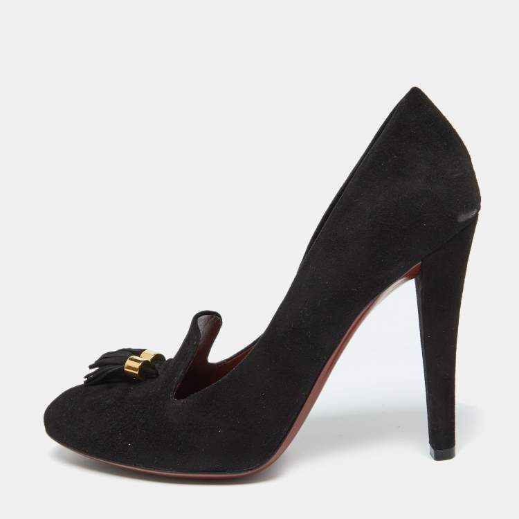 Pre Owned Gucci Black Suede Mischa Tassel Moccasin Pumps Size 39