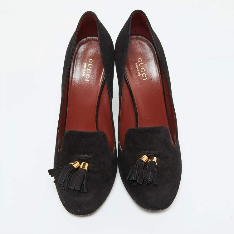 Pre Owned Gucci Black Suede Mischa Tassel Moccasin Pumps Size 39