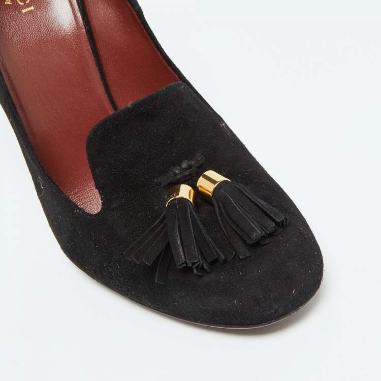 Pre Owned Gucci Black Suede Mischa Tassel Moccasin Pumps Size 39