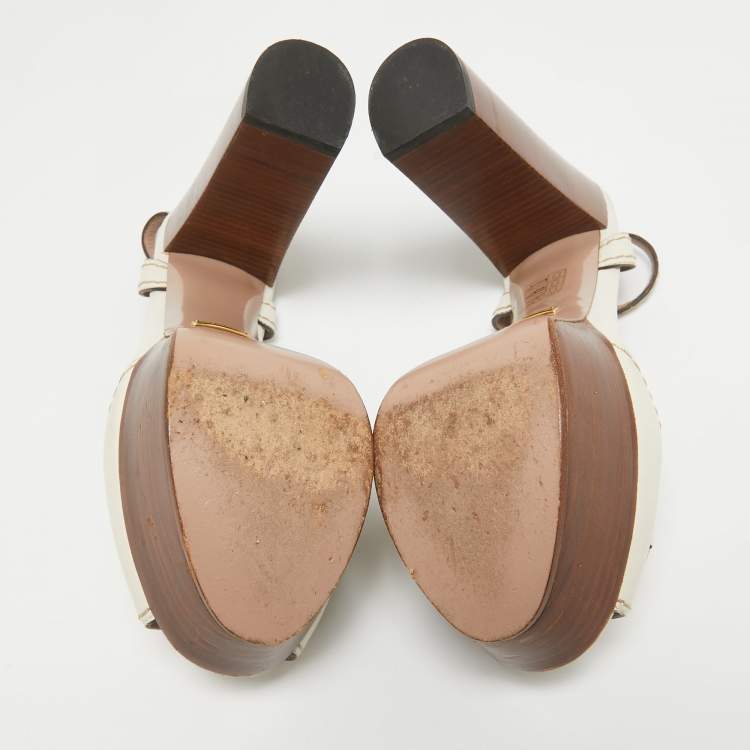 Pre Owned Gucci Cream Leather Lifford Ankle Strap Sandals Size 37.5