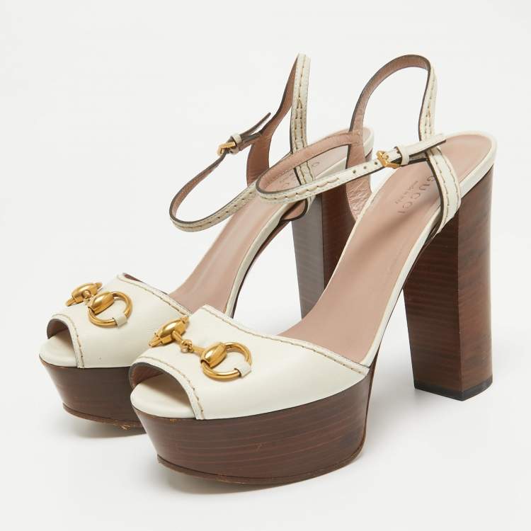 Pre Owned Gucci Cream Leather Lifford Ankle Strap Sandals Size 37.5
