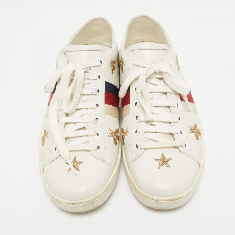 Pre Owned Gucci White Leather Ace Lace Up Sneakers Size 38