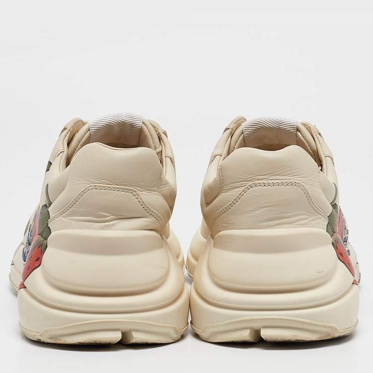 Pre Owned Gucci Cream Leather Strawberry Print Rhyton Sneakers Size 39.5
