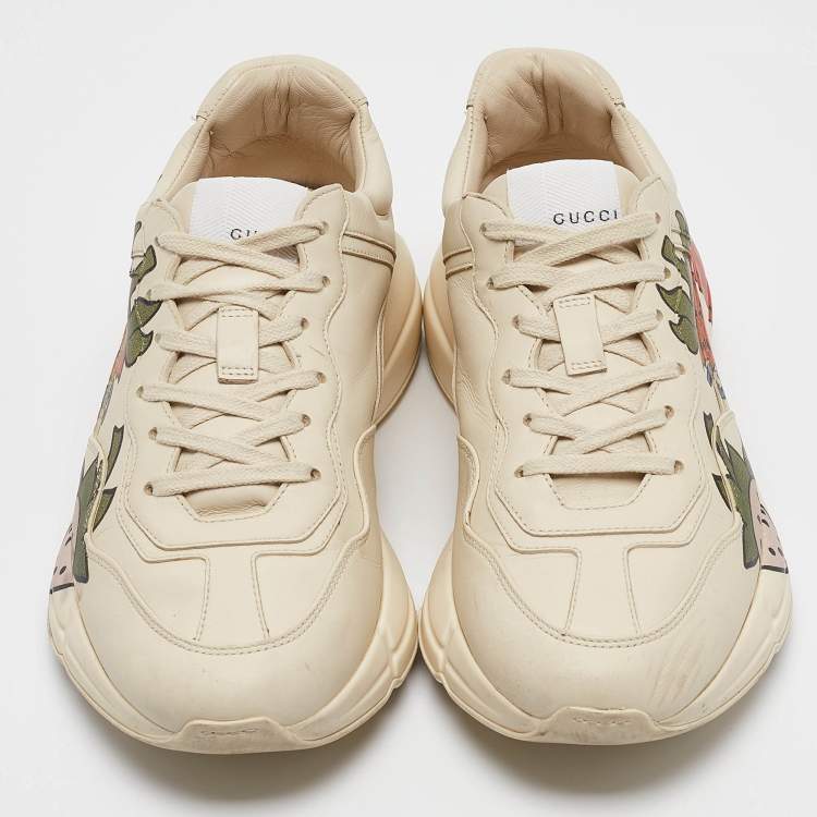 Pre Owned Gucci Cream Leather Strawberry Print Rhyton Sneakers Size 39.5