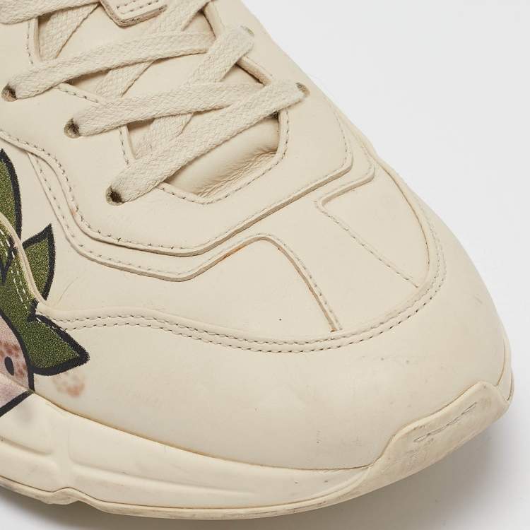 Pre Owned Gucci Cream Leather Strawberry Print Rhyton Sneakers Size 39.5