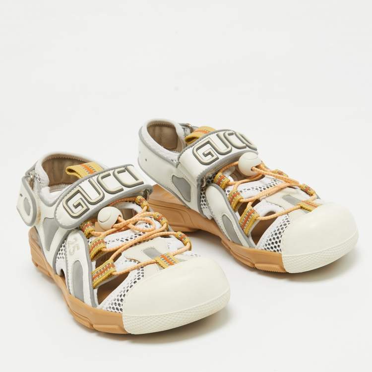 Pre Owned Gucci White/Silver Mesh and Leather Tinsel Sport Sandals Size 36