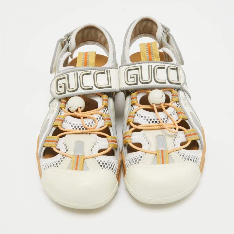 Pre Owned Gucci White/Silver Mesh and Leather Tinsel Sport Sandals Size 36