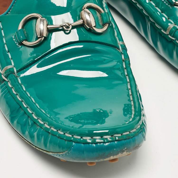 Pre Owned Gucci Green Patent Leather Slip On Loafers Size 38