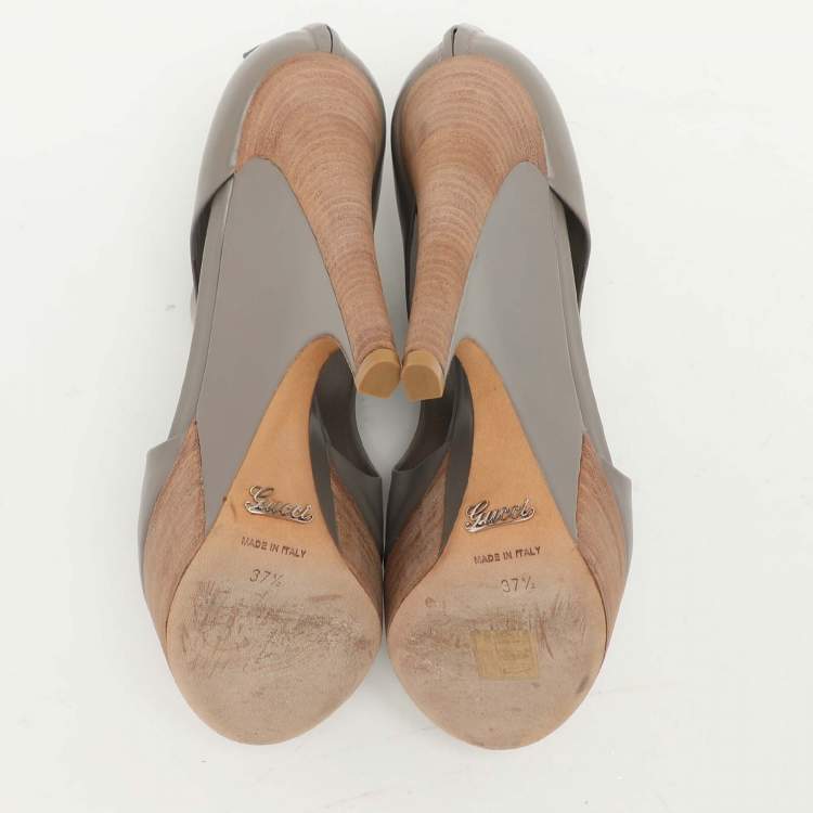 Pre Owned Gucci Grey Leather Cut Out Peep Toe Platform Booties Size 37.5