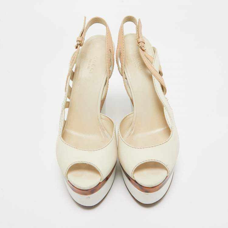 Pre Owned Gucci White/Beige Leather Cut Out Wedge Sandals Size 40.5