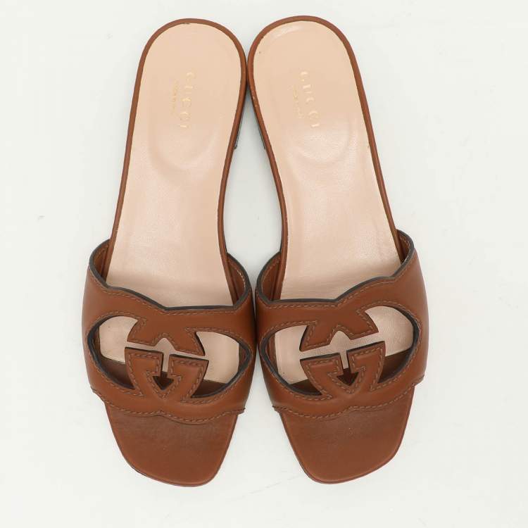 Pre Owned Gucci Brown Leather Interlocking G Flat Slides Size 37.5