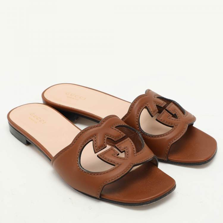 Pre Owned Gucci Brown Leather Interlocking G Flat Slides Size 37.5