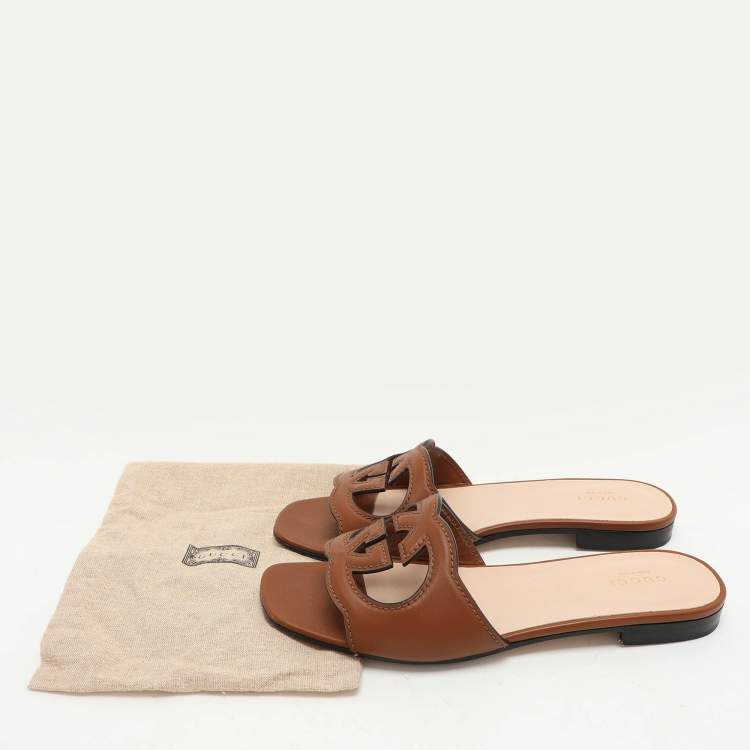 Pre Owned Gucci Brown Leather Interlocking G Flat Slides Size 37.5