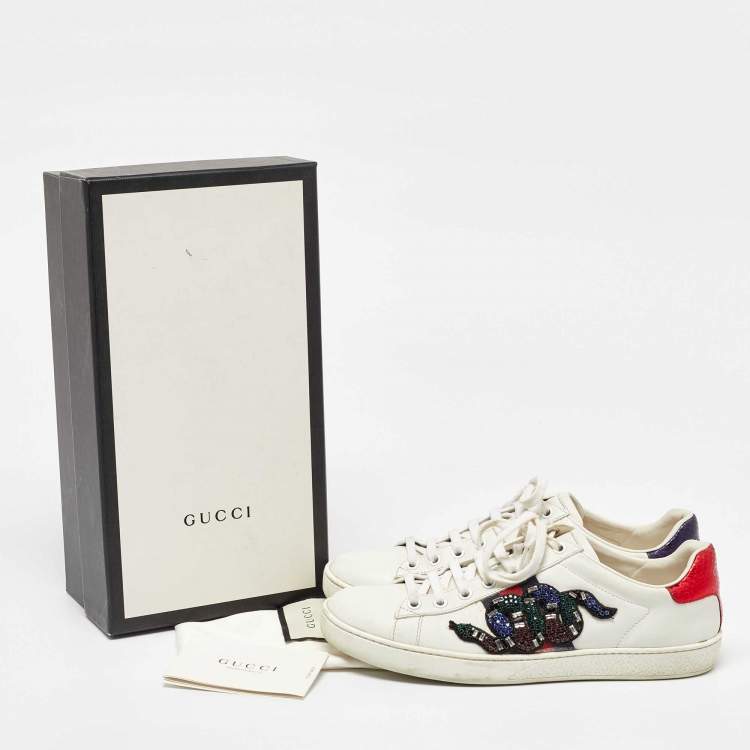 Pre Owned Gucci White Leather Snake Crystal Embellished Ace Low Top Sneakers Size 38.5