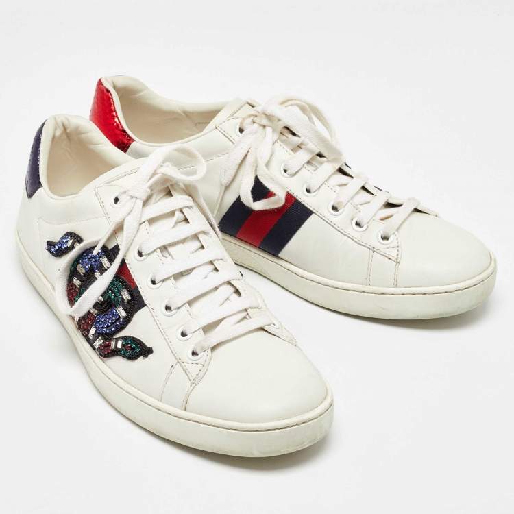 Pre Owned Gucci White Leather Snake Crystal Embellished Ace Low Top Sneakers Size 38.5