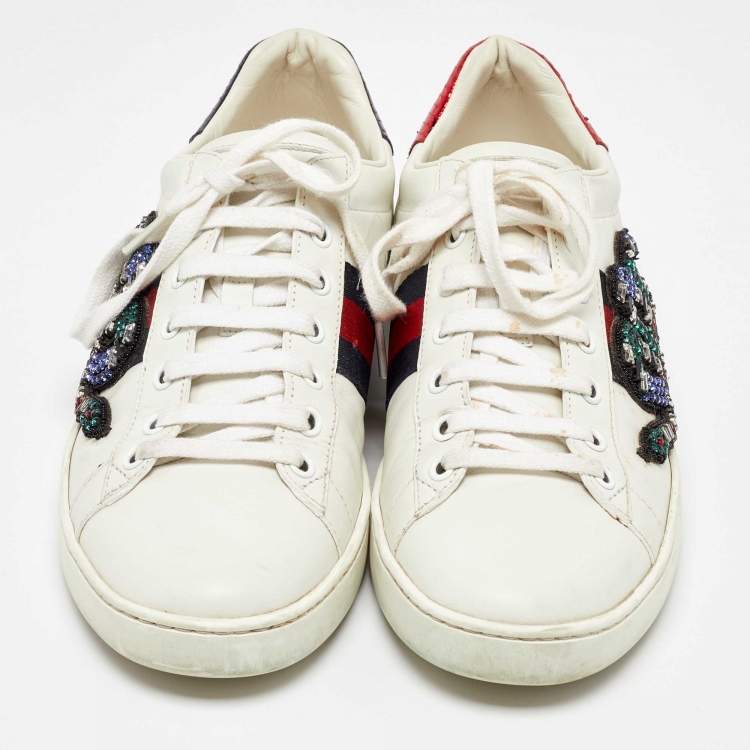 Pre Owned Gucci White Leather Snake Crystal Embellished Ace Low Top Sneakers Size 38.5