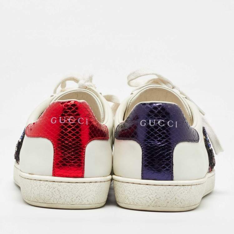 Pre Owned Gucci White Leather Snake Crystal Embellished Ace Low Top Sneakers Size 38.5