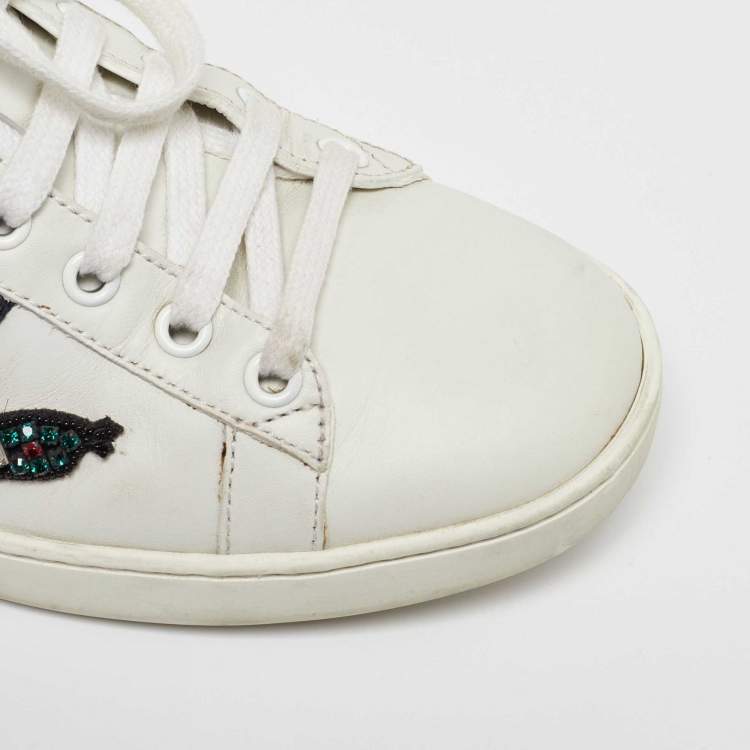 Pre Owned Gucci White Leather Snake Crystal Embellished Ace Low Top Sneakers Size 38.5