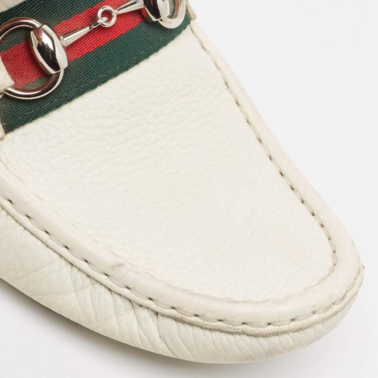 Pre Owned Gucci White Leather Web Slip On Loafers Size 38