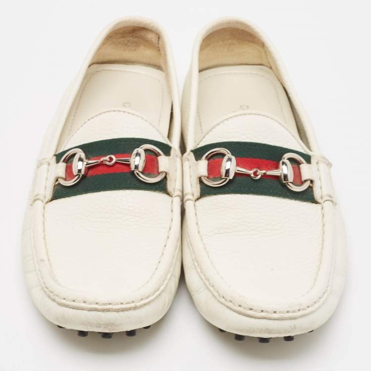 Pre Owned Gucci White Leather Web Slip On Loafers Size 38