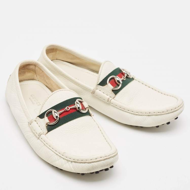 Pre Owned Gucci White Leather Web Slip On Loafers Size 38