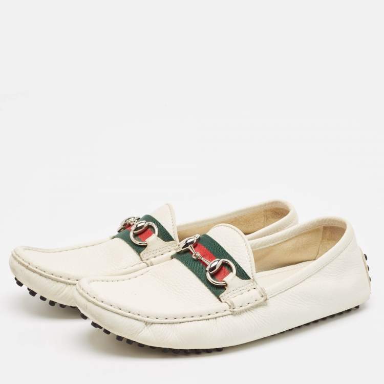 Pre Owned Gucci White Leather Web Slip On Loafers Size 38
