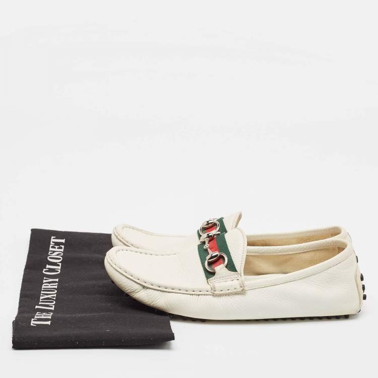 Pre Owned Gucci White Leather Web Slip On Loafers Size 38