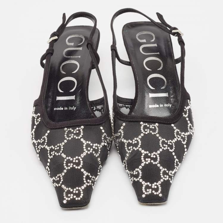 Pre Owned Gucci Black Suede and Mesh Crystal Embellished Slingback Pumps Size 37