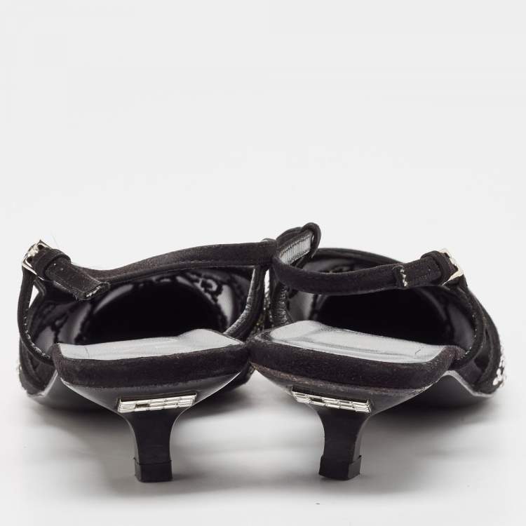 Pre Owned Gucci Black Suede and Mesh Crystal Embellished Slingback Pumps Size 37
