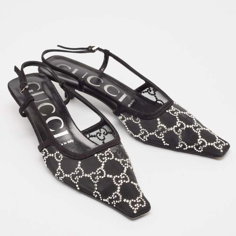 Pre Owned Gucci Black Suede and Mesh Crystal Embellished Slingback Pumps Size 37