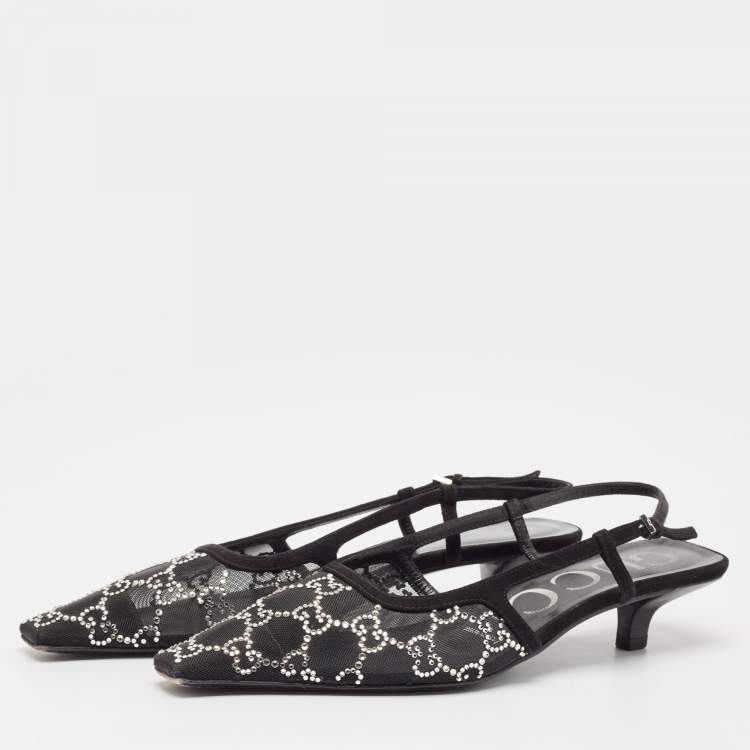 Pre Owned Gucci Black Suede and Mesh Crystal Embellished Slingback Pumps Size 37
