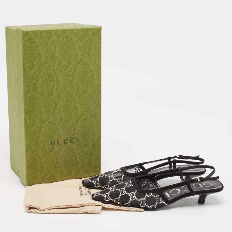 Pre Owned Gucci Black Suede and Mesh Crystal Embellished Slingback Pumps Size 37