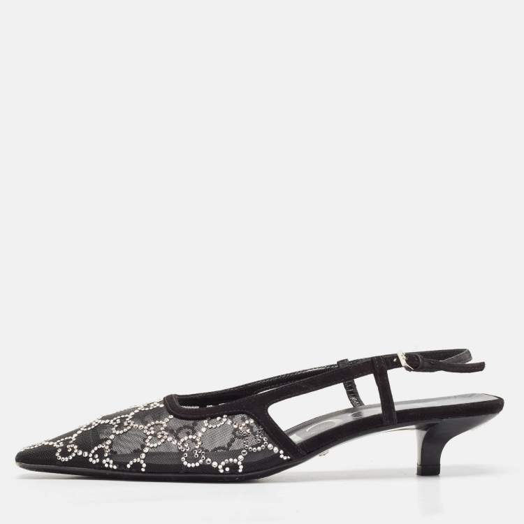 Pre Owned Gucci Black Suede and Mesh Crystal Embellished Slingback Pumps Size 37