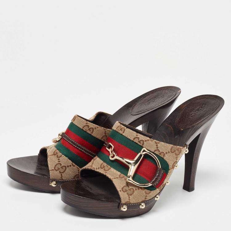 Pre Owned Gucci Beige/Brown GG Canvas and Leather Web Horsebit Wooden Platform Sandals Size 41