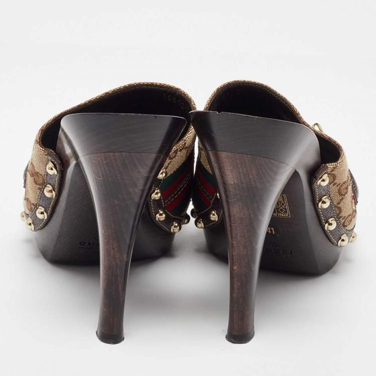 Pre Owned Gucci Beige/Brown GG Canvas and Leather Web Horsebit Wooden Platform Sandals Size 41