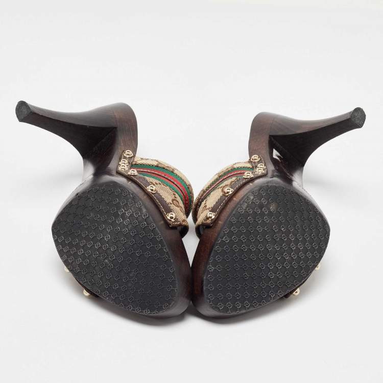 Pre Owned Gucci Beige/Brown GG Canvas and Leather Web Horsebit Wooden Platform Sandals Size 41