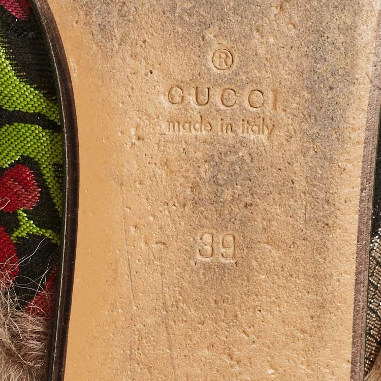 Pre Owned Gucci Black Floral Brocade Fabric and Fur Lined Princetown Flat Mules Size 39