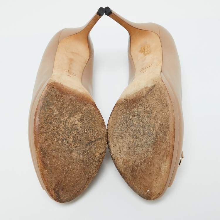 Pre Owned Gucci Beige Leather New Hollywood Horsebit Peep Toe Pumps Size 41